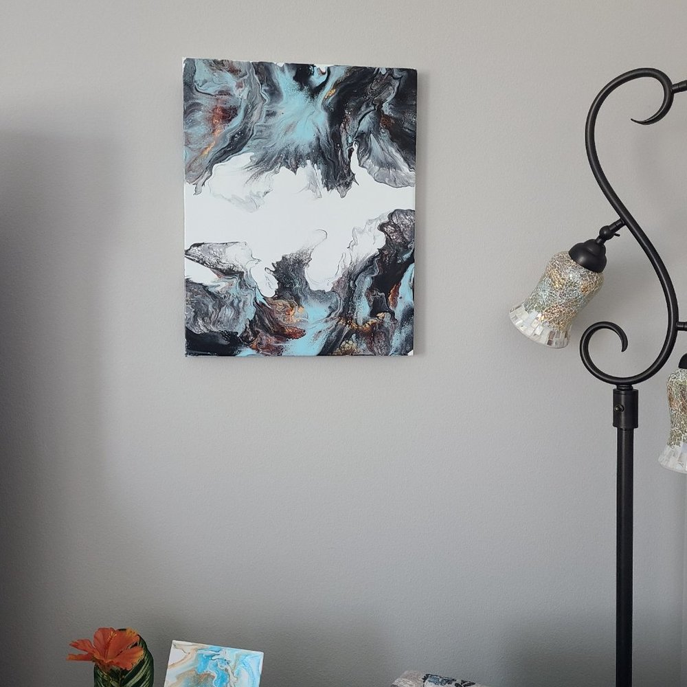 Abstract Wall Art, Smokey Waves, Blue, Gray, Black on Canvas, 20 x 16